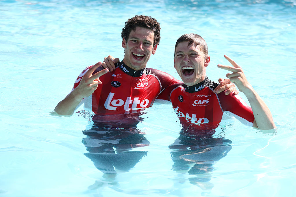 e 4DURBUY, BELGIUM - JUNE 21: (L-R) Alec Segaert of Belgium and Team - Yellow Best Young Rider Jersey and stage winner Jenno Berckmoes of Belgium and Team Lotto bathe in a pool after the 94th Baloise Belgium Tour 2025, Stage 4 a 173km stage from Durbuy to Durbuy on June 21, 2025 in Durbuy, Belgium. (Photo by Rhode Van Elsen/Getty Images)