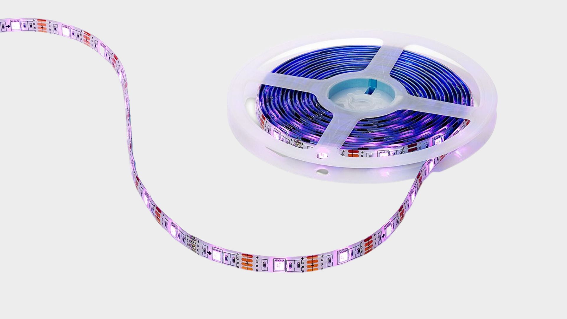 Lumectra RGB LED Light Strip shining a pink/purple, on a plain GR grey background