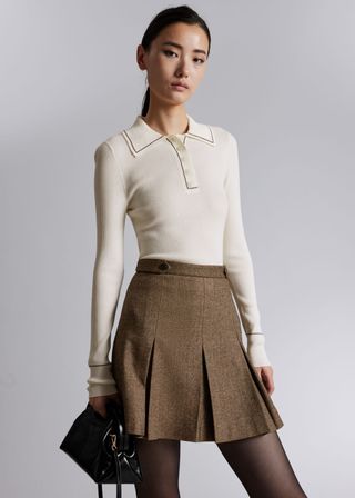 Pleated Herringbone Mini Skirt