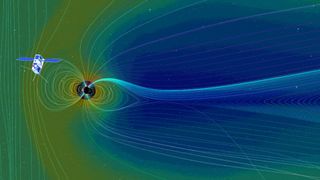 An artist's rendering showing CuSP and the Earth's magnetic fields.