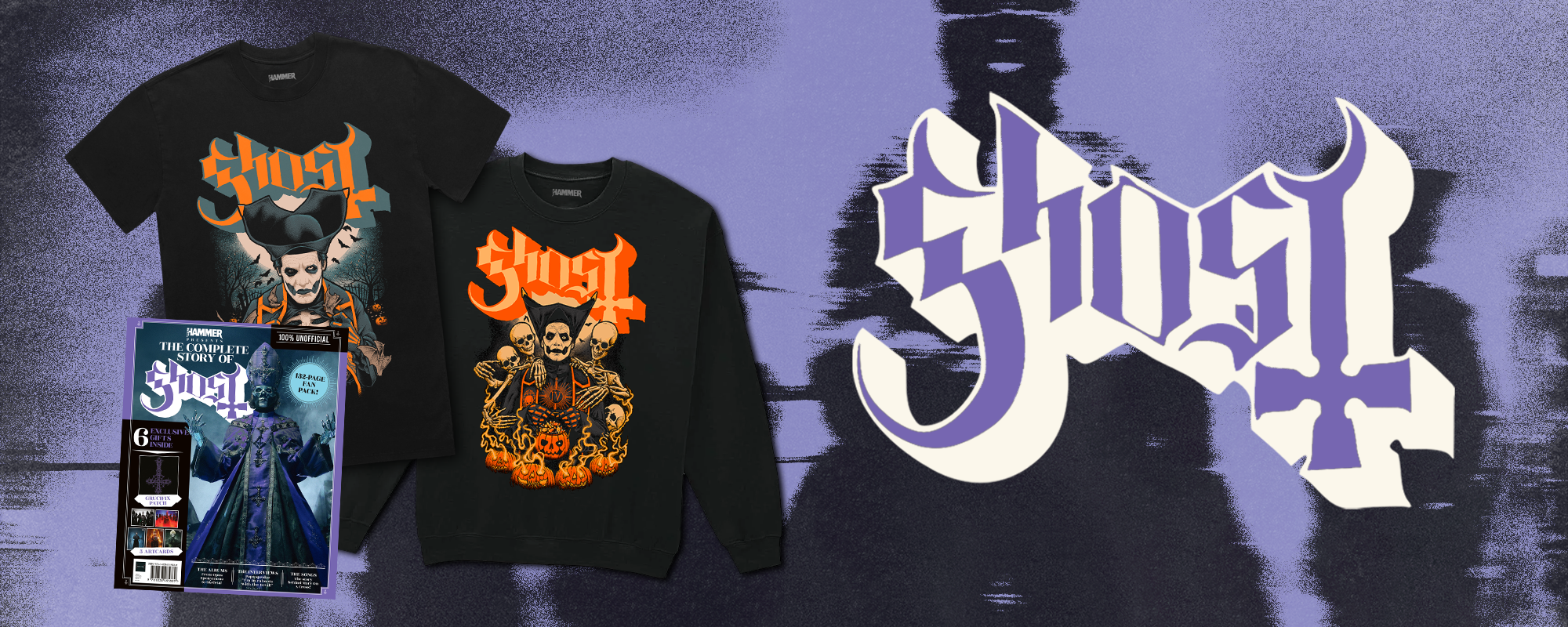 Ghost-themed t-shirt, sweatshirt and logo, next to the Ghost logo