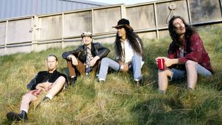 Jerry Cantrell, Layne Staley, Mike Inez, and Sean Kinney of Alice in Chains Backstage at Lollapalooza 93 at Shoreline Amphitheater in Mountain View Calif. on June 23rd, 1993.