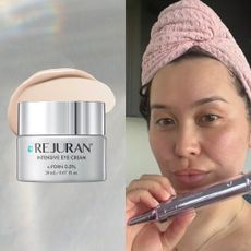 silvery background with selfie of girl holding k beauty eye cream