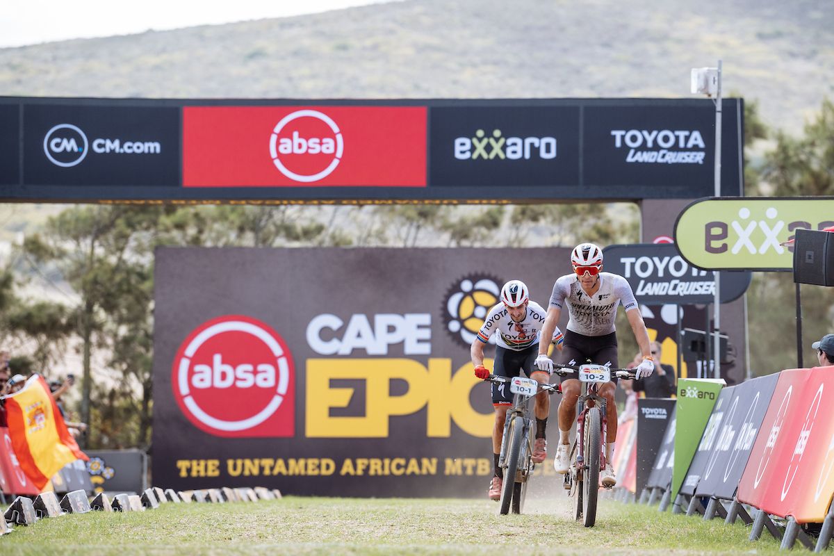 Matt Beers and Christopher Blevins, Team Toyota-Specialized-NinetyOne during the Prologue of the 2023 Absa Cape Epic Mountain Bike stage race held at Meerendal Wine Estate, Durbanville, Cape Town, South Africa on the 19th March 2023