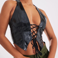 Black Washed Faux Leather Lace Up Plunge Halterneck Top