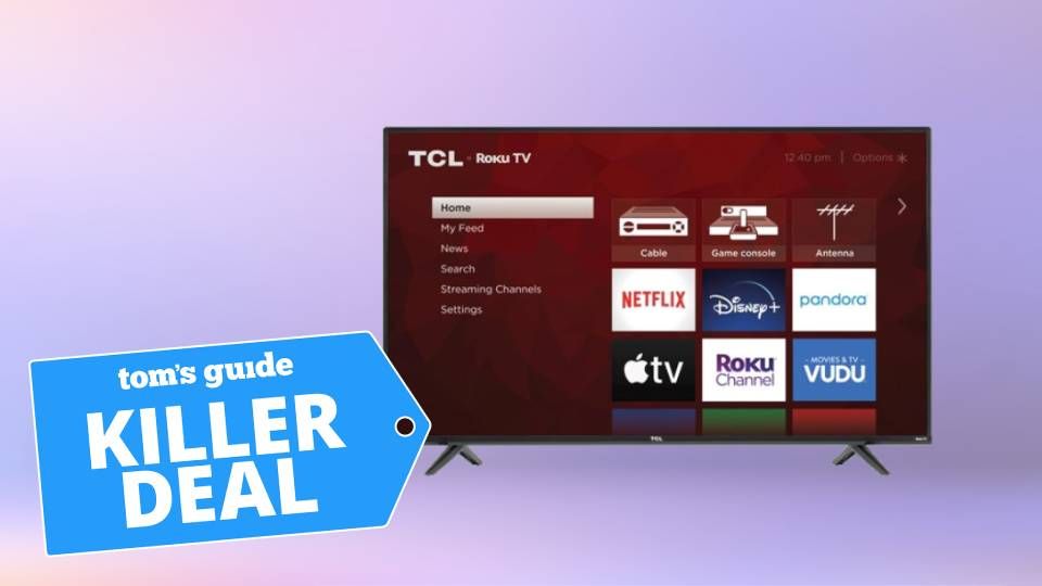 A photo of the TCL 55&quot; Class 4-Series 4K Roku Smart TV on a purple background with the &quot;Tom&#039;s Guide killer deal&quot; tag overlaid