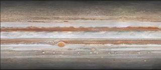A cylindrical projection of Jupiter's surface from the "Journey to Jupiter" project led by Peter Rosén in Stockholm. The pearl-shaped storms in Jupiter's southern hemisphere are located at approximately 40 degrees south latitude.