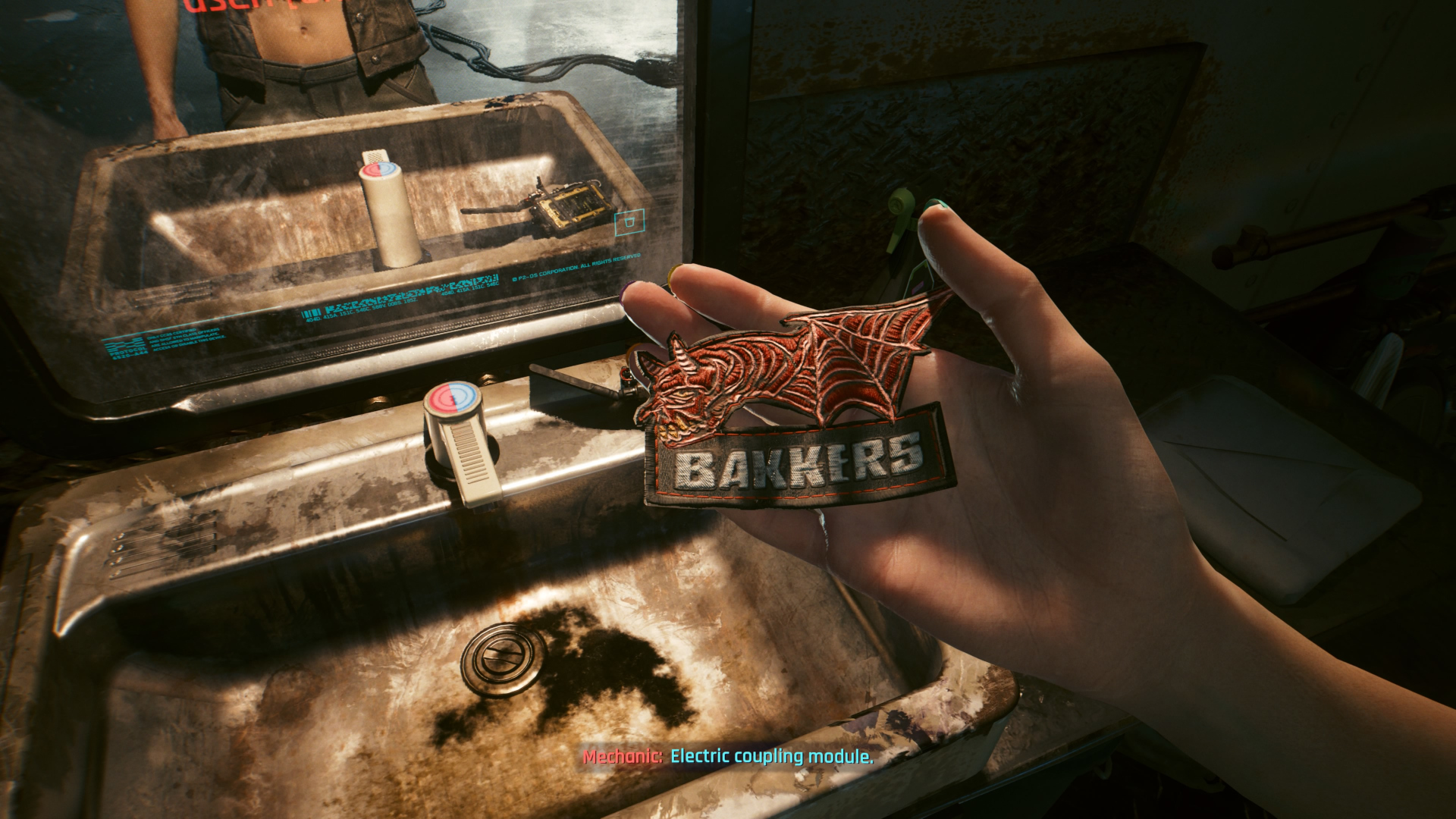 V holds the Bakker patch in her hand during the Nomad lifepath opening in Cyberpunk 2077