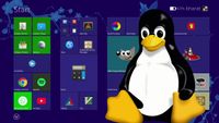 Windows 8 style desktop with the Linux Tux mascot in the foreground