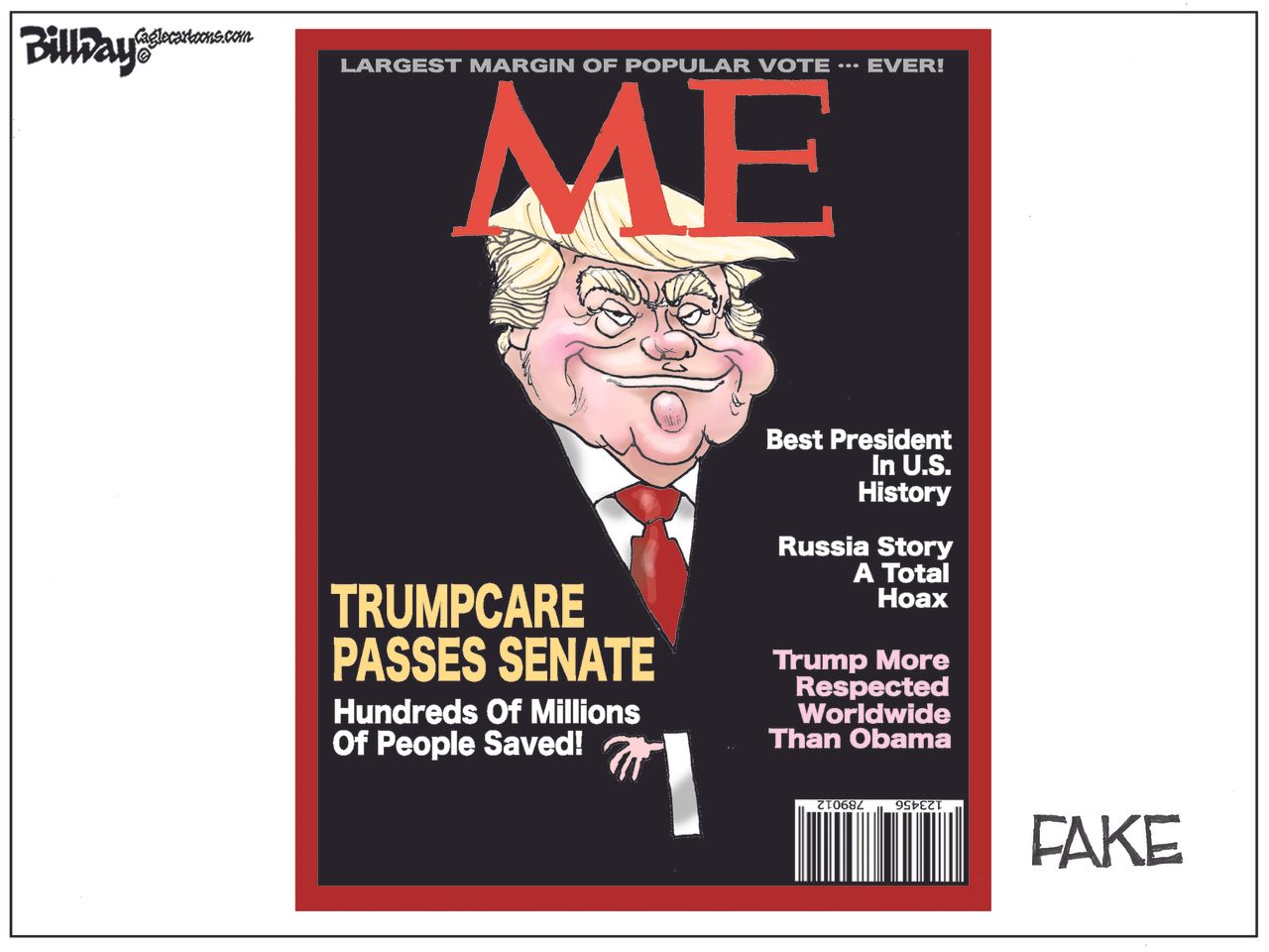 Political cartoon U.S. Trump Time magazine cover fake news Obamacare GOP health care bill Russia investigation