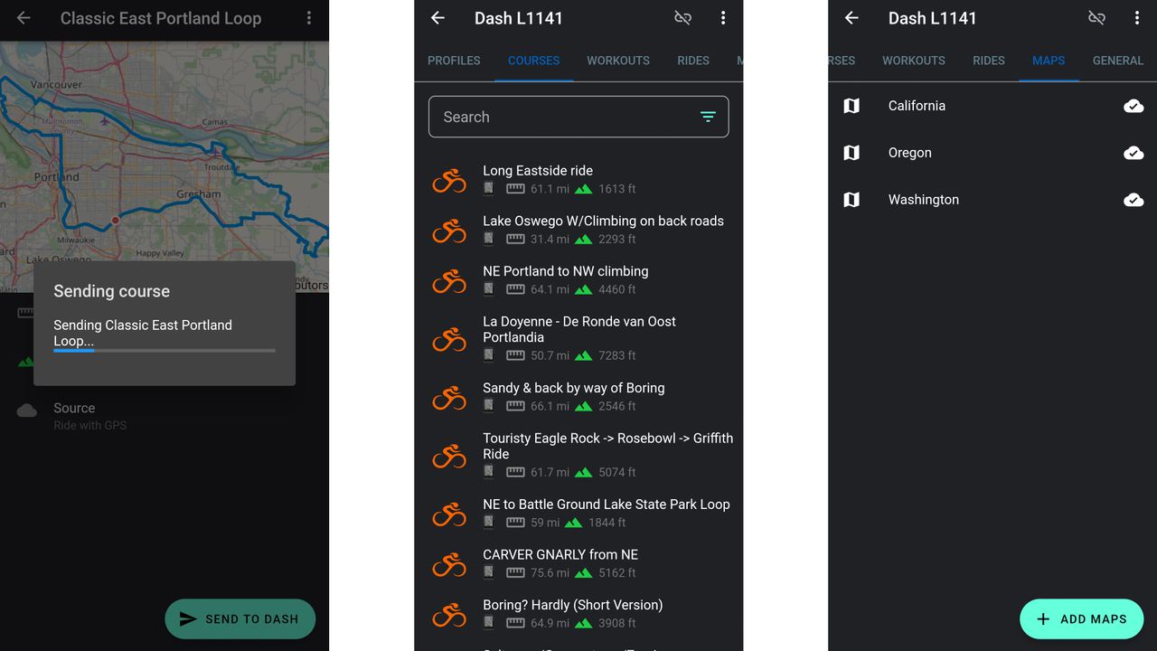 Stages Dash L200 Cycling Computer detail of screens showing how the app sends courses