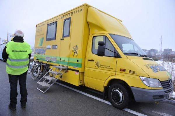 The doping control van is hard to miss.