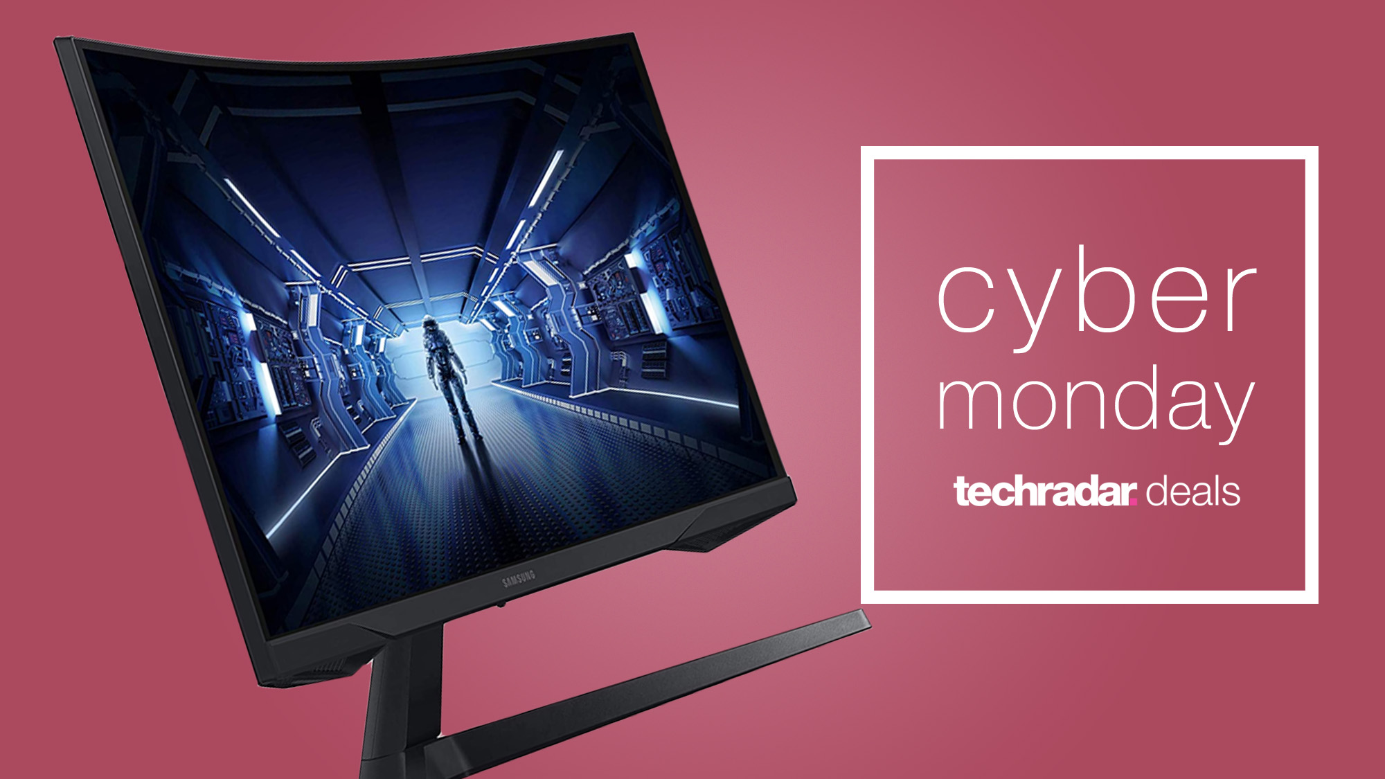 A Samsung gaming monitor against a pink background with a TechRadar Cyber Monday monitor deals badge