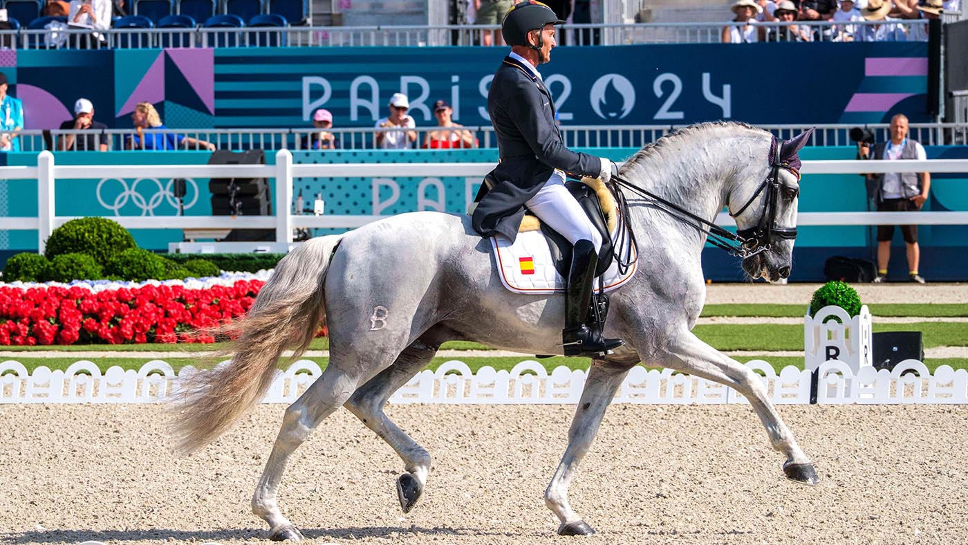 Versailles, France. 31st July, 2024. Juan Antonio JIMENEZ COBO riding EUCLIDES MOR, Equestrian, Dressage Team and Individual Grand Prix during the Olympic Games Paris 2024 on 31 July 2024 at Chateau de Versailles in Versailles, France - Photo Christophe B
