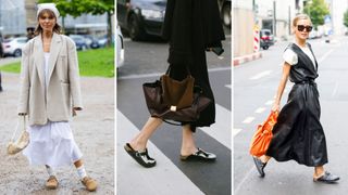 Three women wearing clogs with dresses