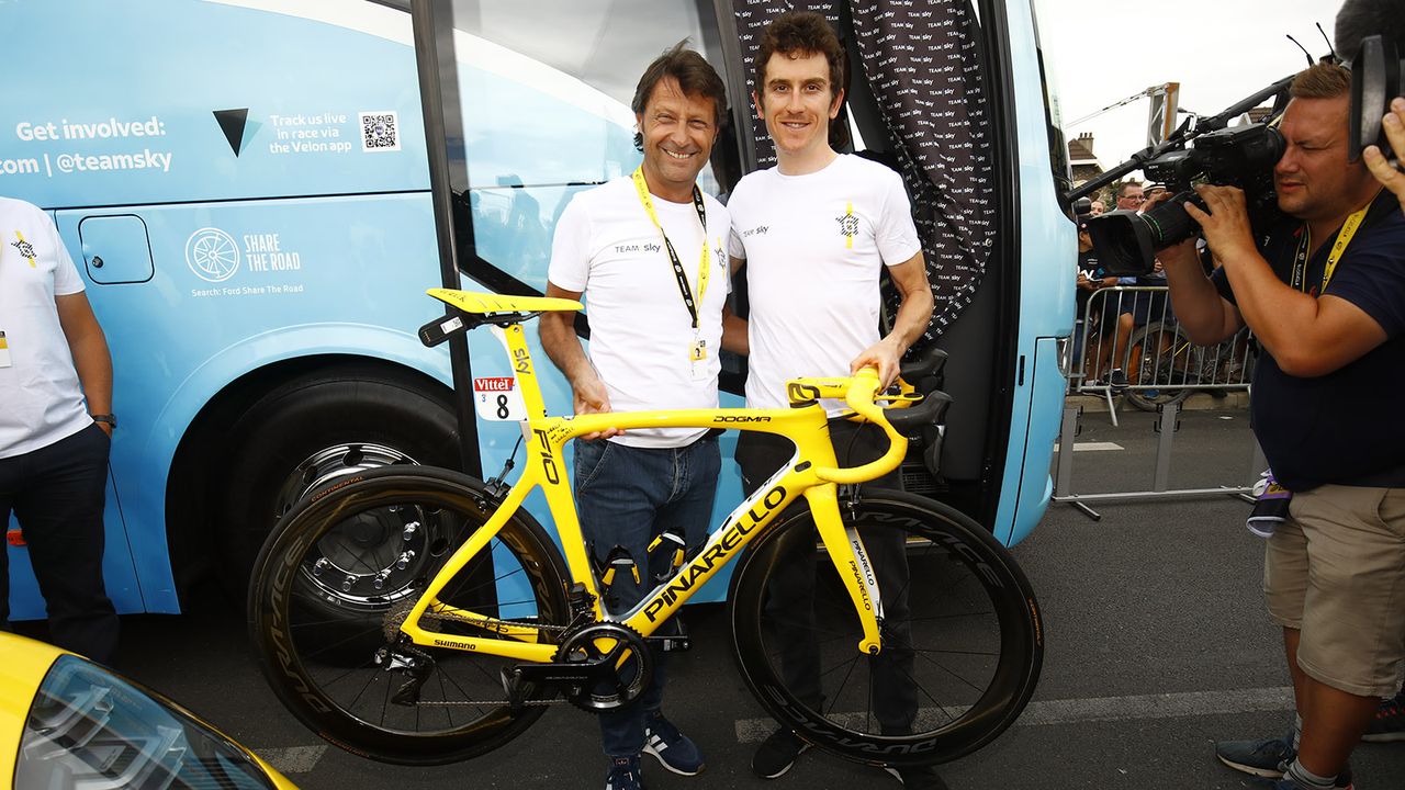 Fausto Pinarello presents Geraint Thomas with his special bike ahead of the final stage of the race