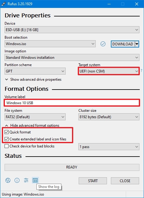 Configuración de Rufus para crear dispositivos de arranque UEFI