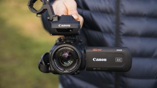 A front-on view of the Canon XA65 camcorder