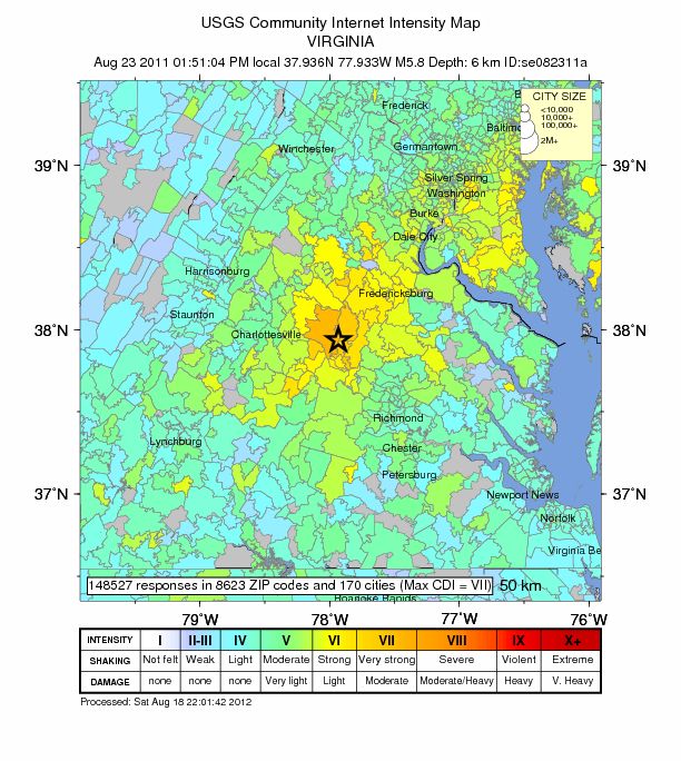 Shake map of 2011 Virginia earthquake.