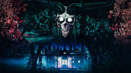 A stylized drawing of a horned demon with a skull for a face and glowing eyes peering over a forest cabin.