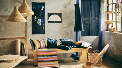 IKEA MAVINN collection in a room, with jute lampshades, a bench, and MAVINN accessories