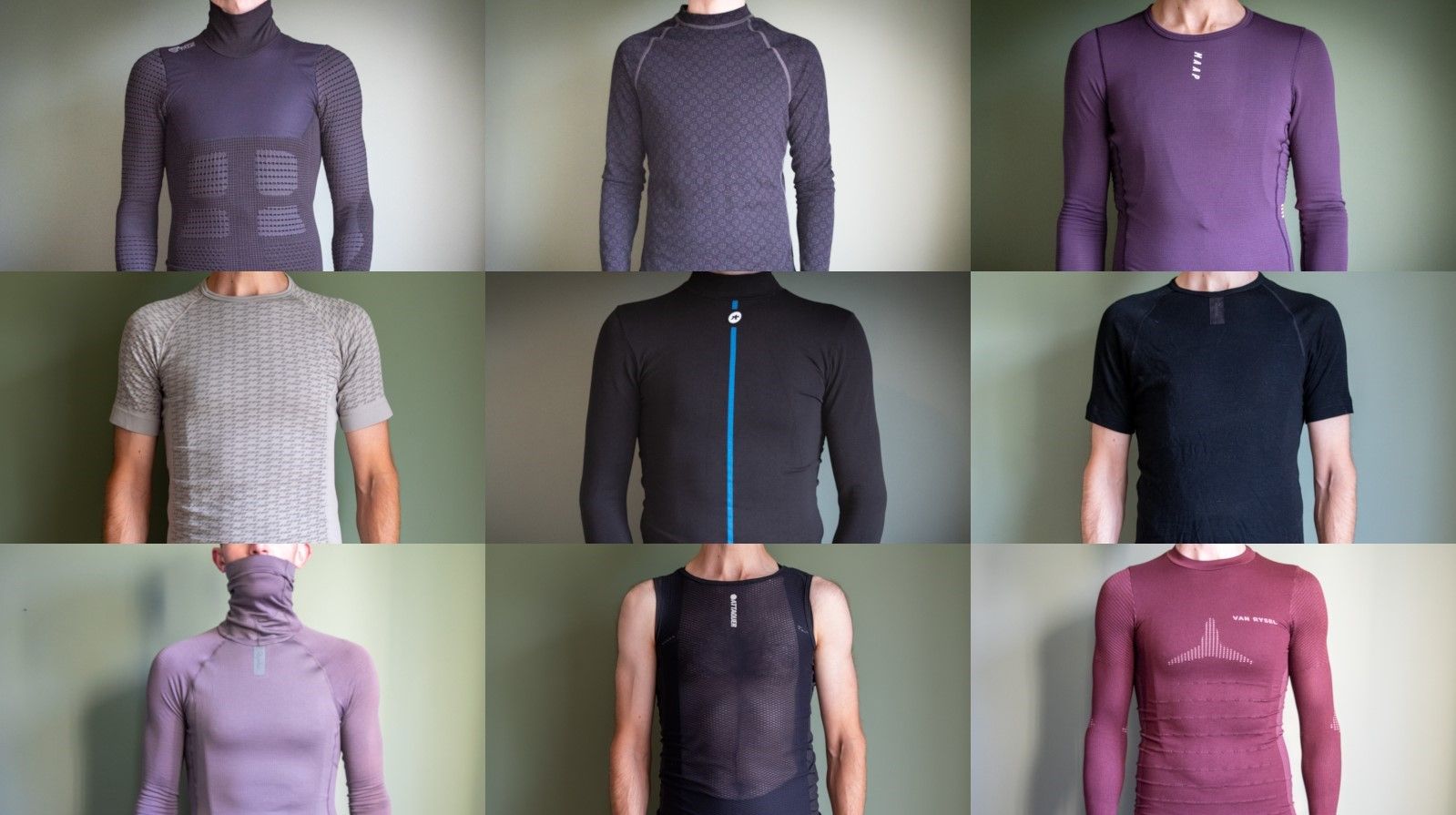 A grid selection of a man wearing a range of different cycling base layers