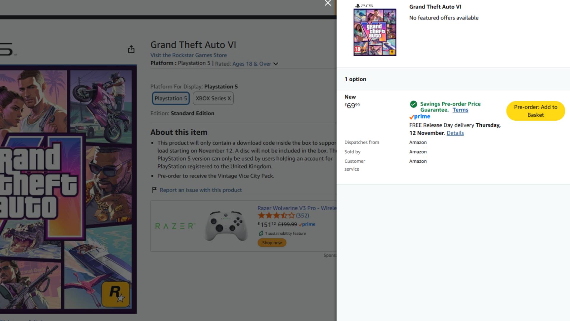 Screenshot of the GTA 6 PS5 product page on Amazon UK.