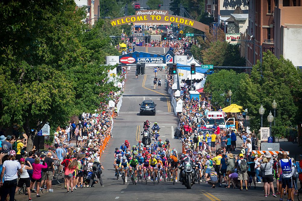 The start of the women's race in Downtown, Golden, Colorado.