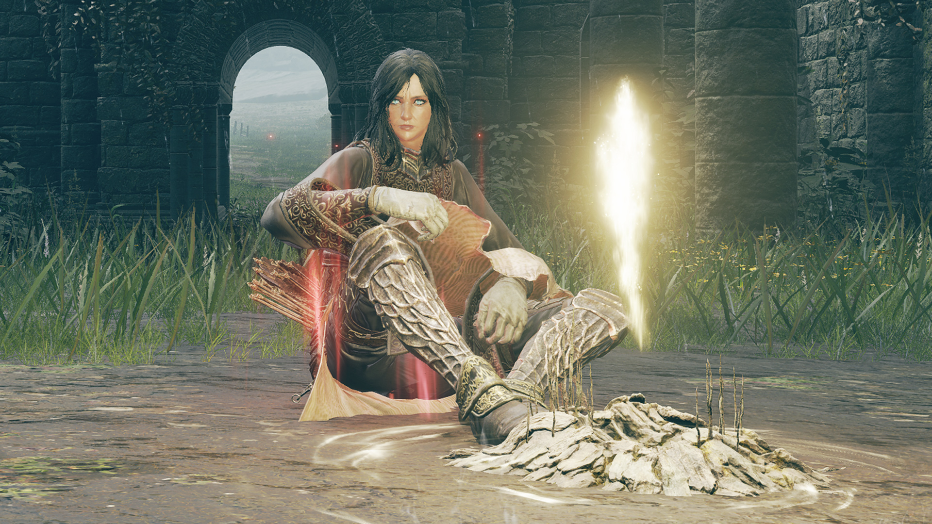 Elden Ring player character sitting in front of Site of Grace