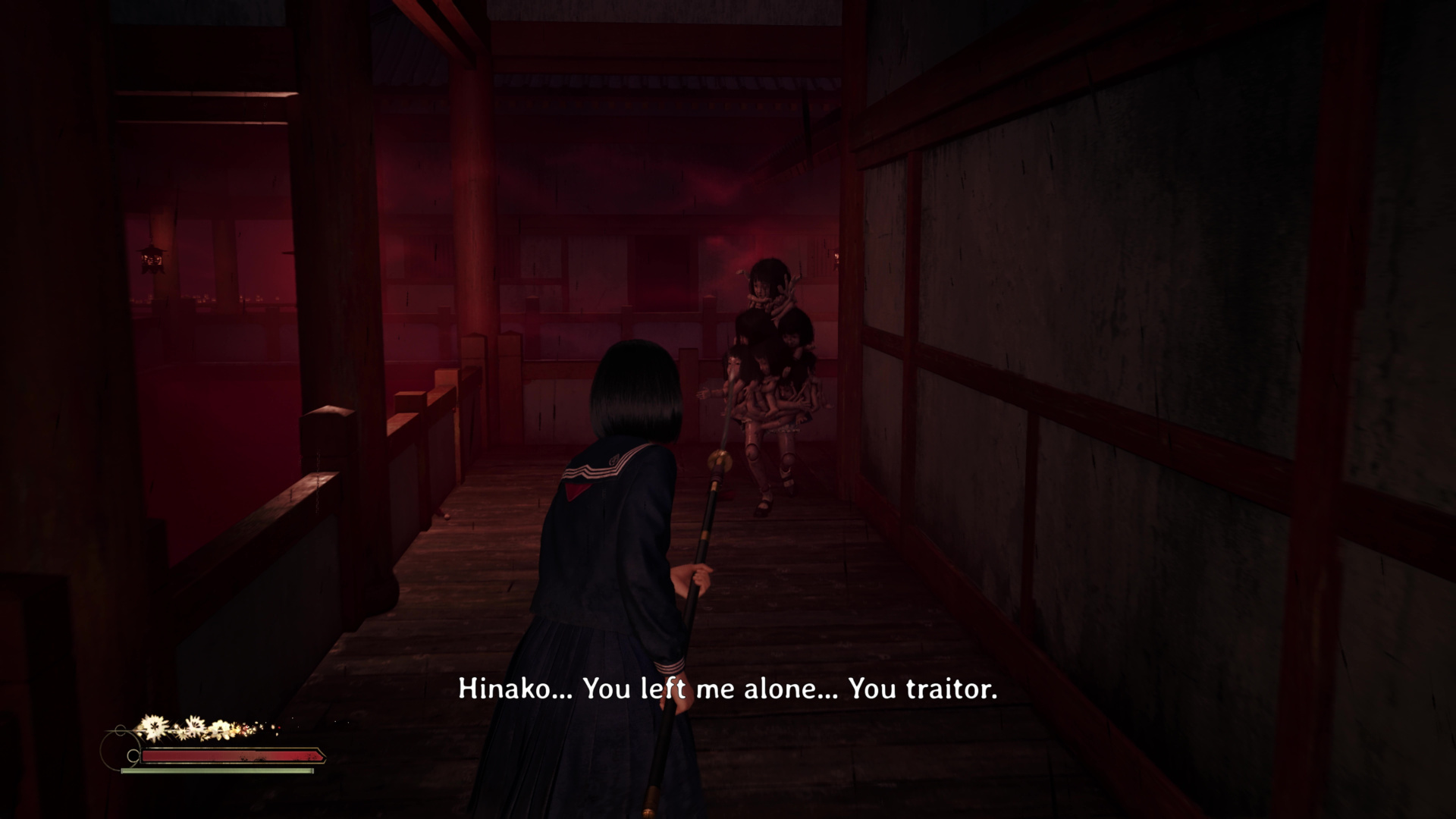 Hinako encounters an enemy playing hopscotch as they approach, appearing to be made up of child dolls in Silent Hill f, as she brandishes a naginata spear