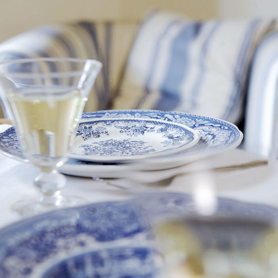 room with chinaware and table