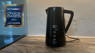 Swan Alexa Kettle in a kitchen with a sign saying TechRadar Choice Awards 2023