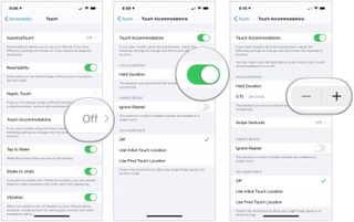 To enable and change Hold Duration, tap Touch Accommodations, toggle on Hold Duration, then tap the plus or minus button to change the Hold Duration