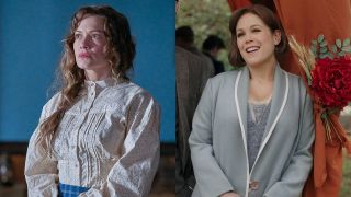A Hallmark photo of Bethany Joy Lenz in a white blouse in Hope Valley: 1874 next to Erin Krakow in a light blue jacket and dress on When Calls The Heart.