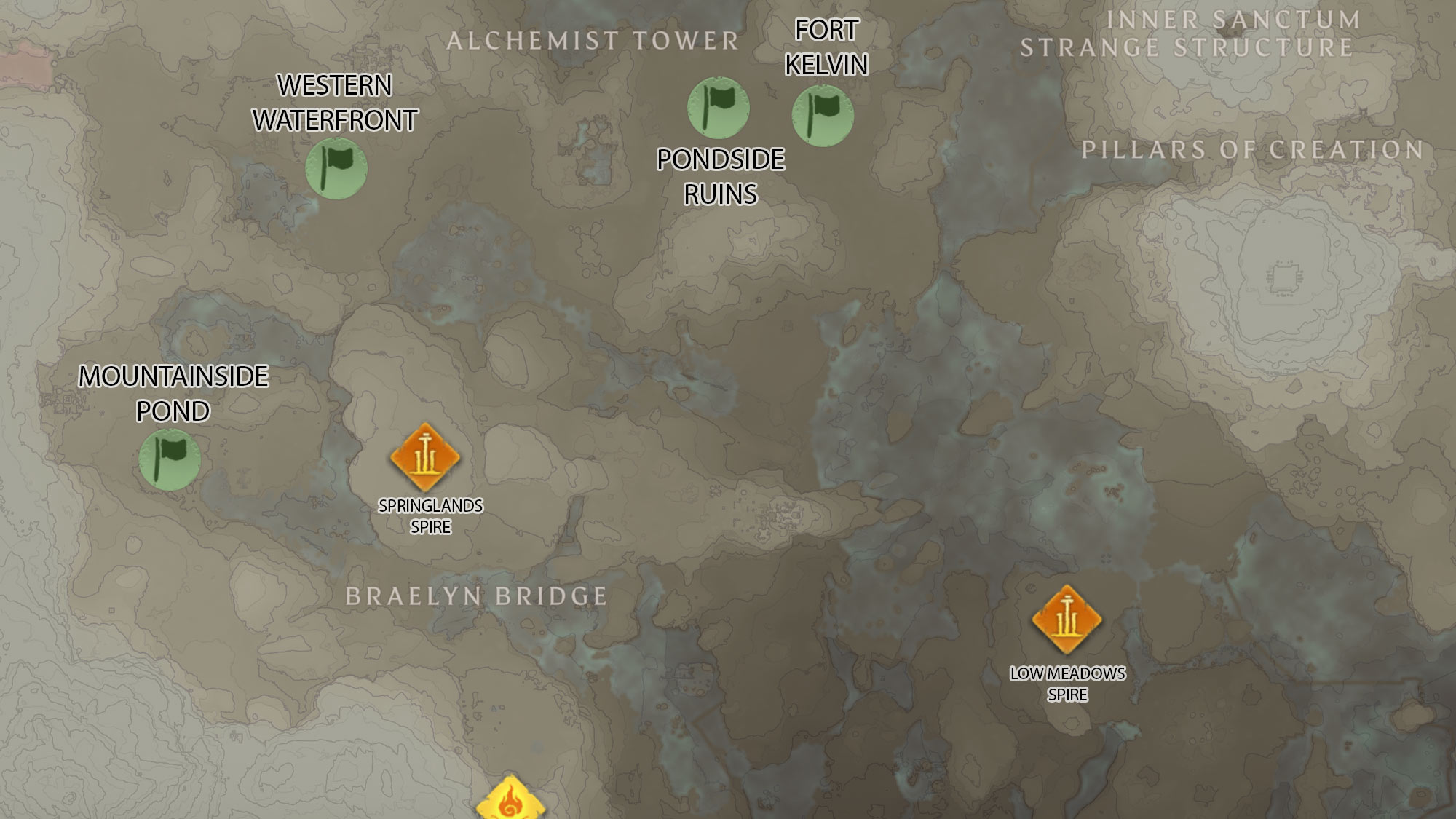 Enshrouded map highlighting base locations in Springlands