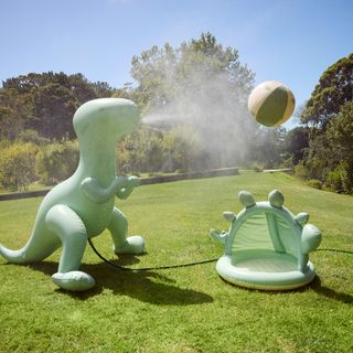 three inflatables in a sunny garden including a paddling pool, a giant dinosaur and an inflatable ball, as part of Stacey Solomon's George Home collection