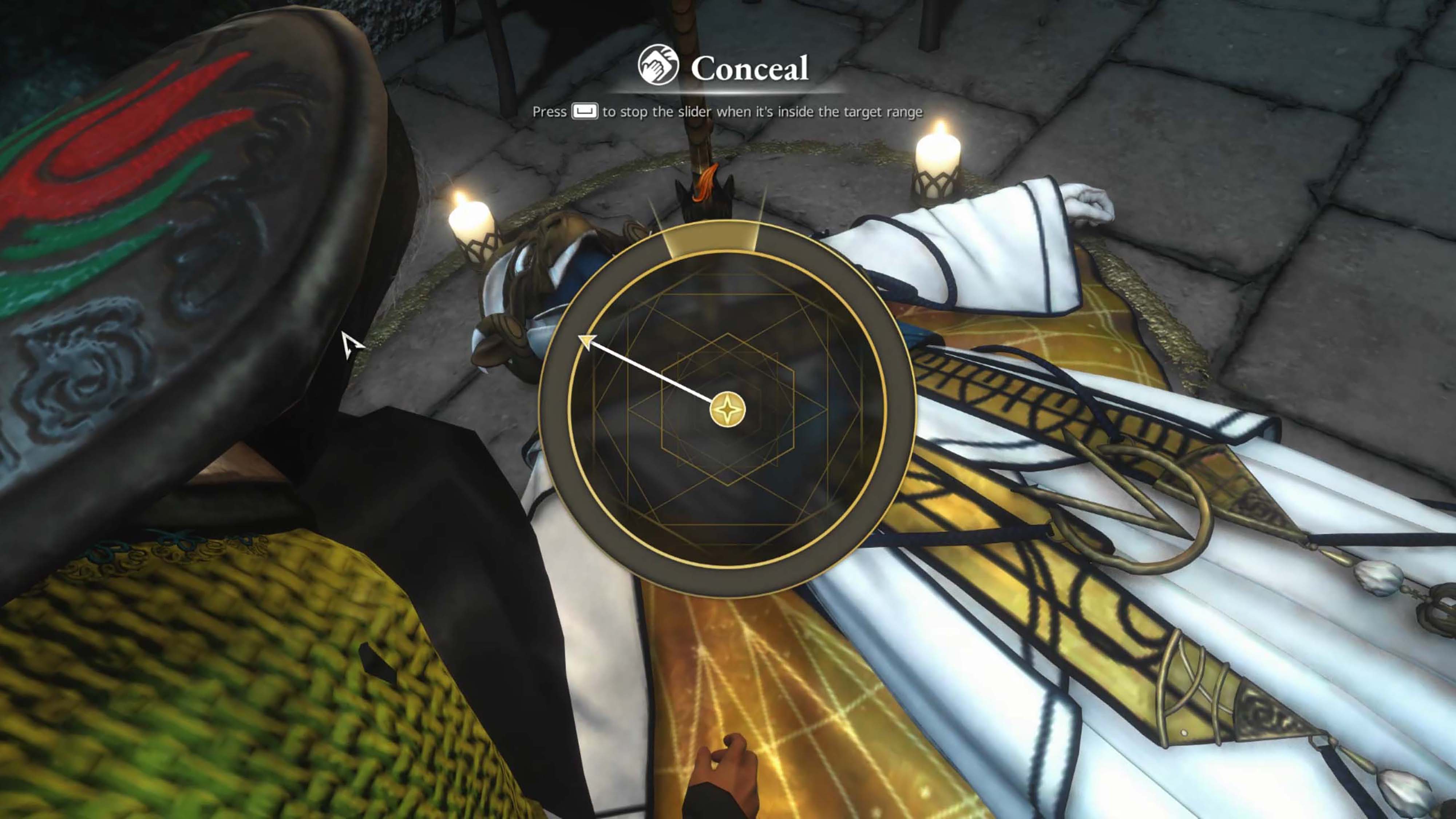A screenshot from Killer Inn depicting the minigame you have to win in order to successfully conceal a Sacrifice.