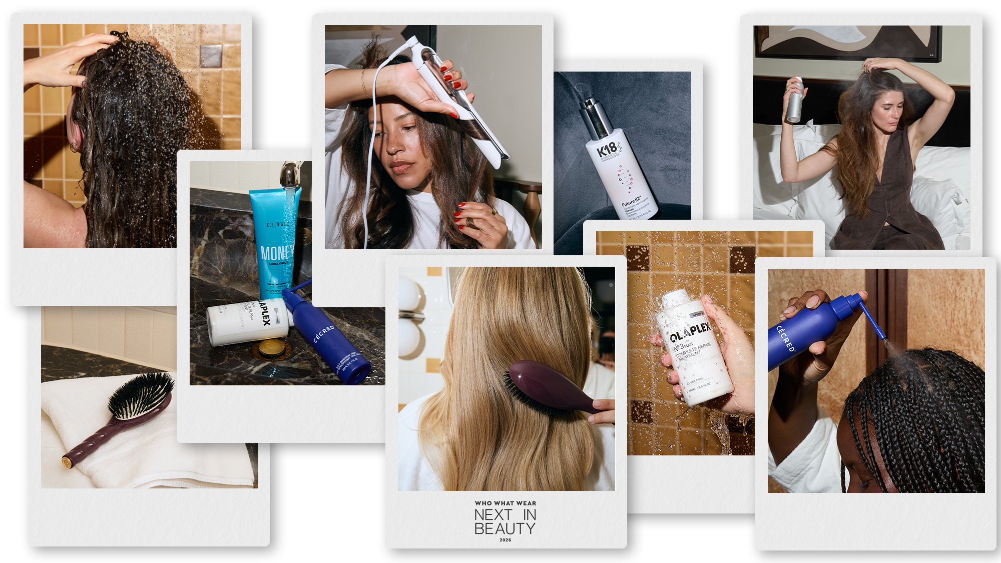 A collage of our Who What Wear UK Next in Beauty judges testing hair products