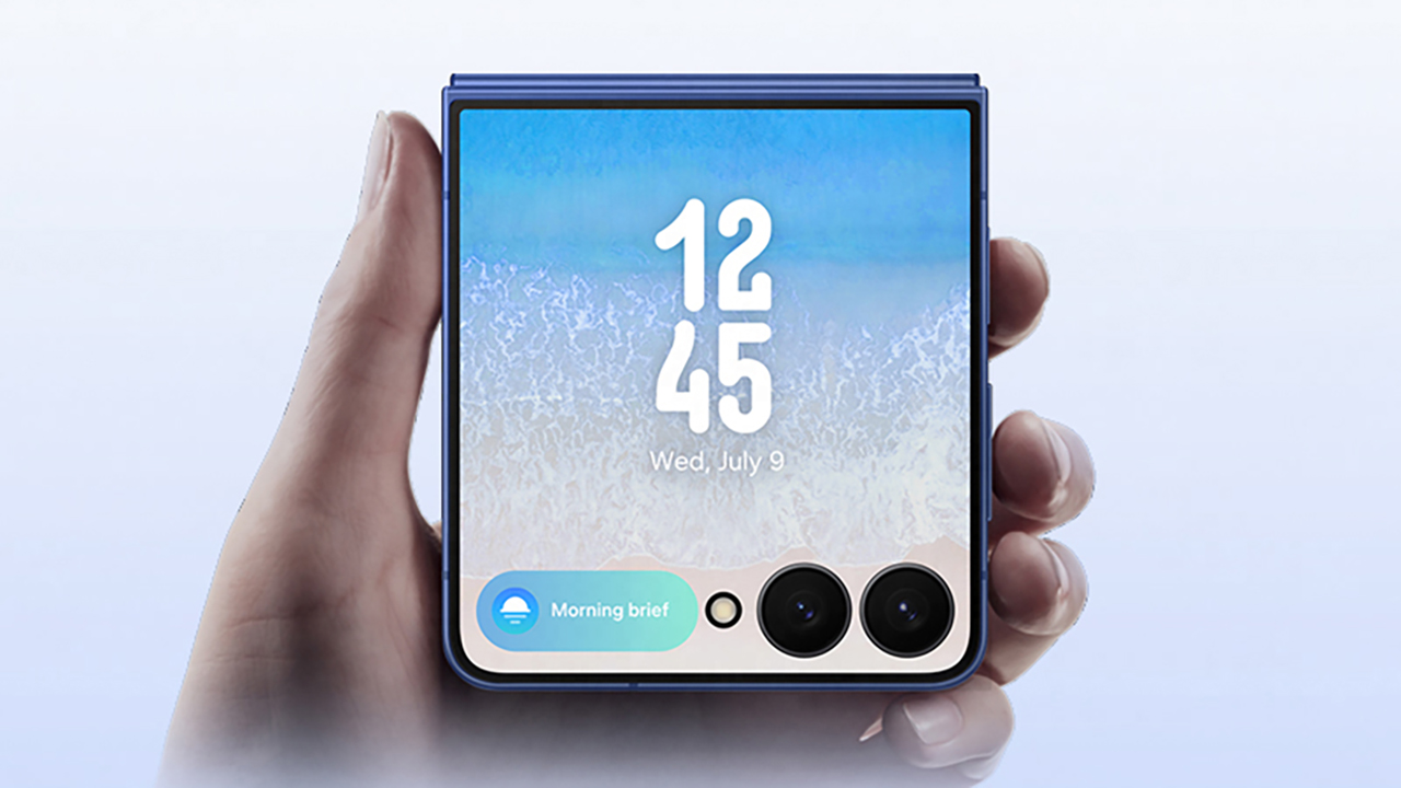 Samsung Galaxy Z Flip 7 held in a hand and closed on a blue gradiated background