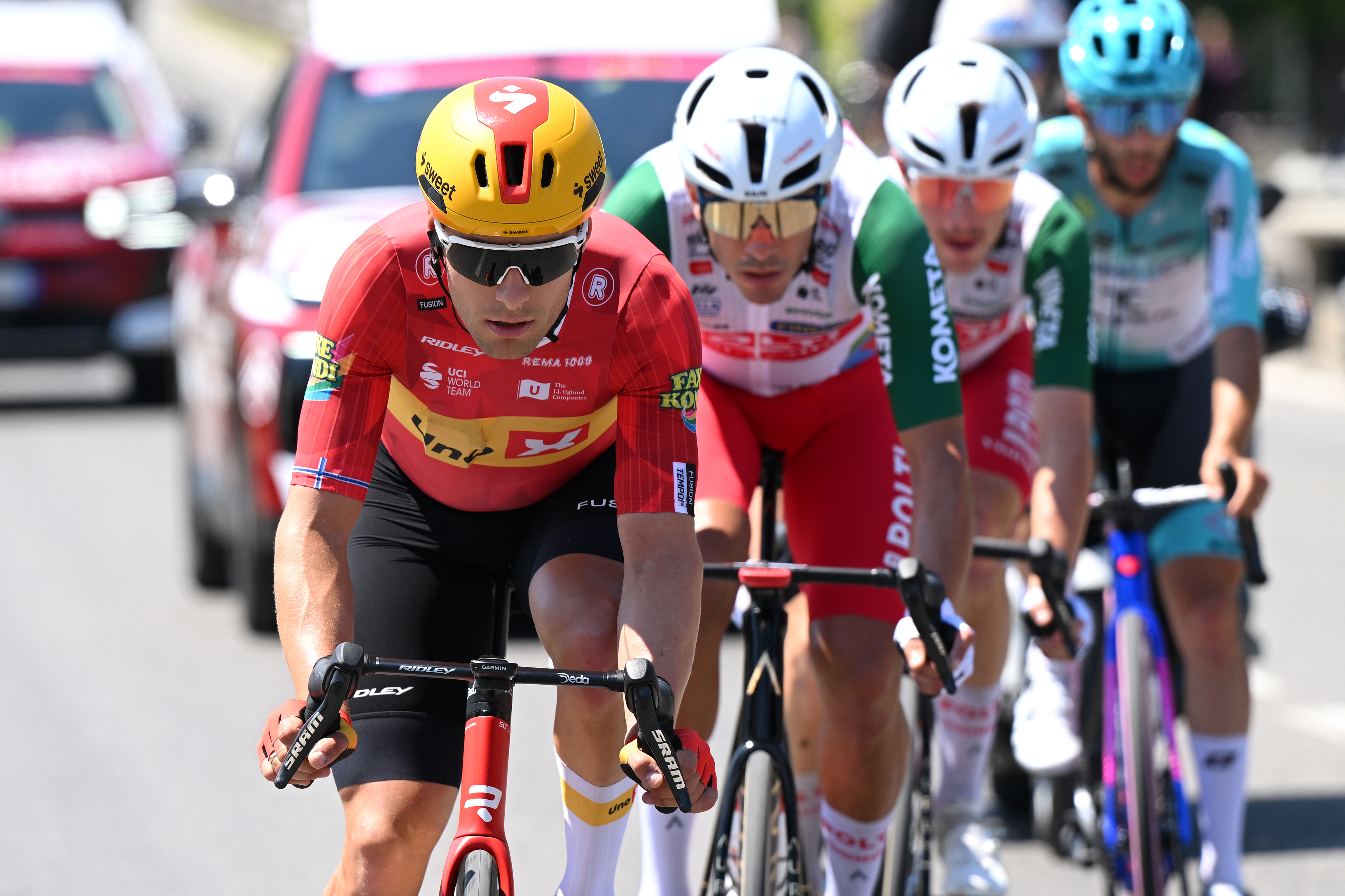 MILAN, ITALY - MAY 24: Fredrik Dversnes Lavik of Norway and Team Uno-X Mobility competes in the breakaway during the 109th Giro d&amp;amp;apos;Italia 2026, Stage 15 a 157km stage from Voghera to Milan / #UCIWT / on May 24, 2026 in Milan, Italy. (Photo by Dario Belingheri/Getty Images)