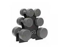 Best dumbbells: image of OPti dumbbell set in metal rack