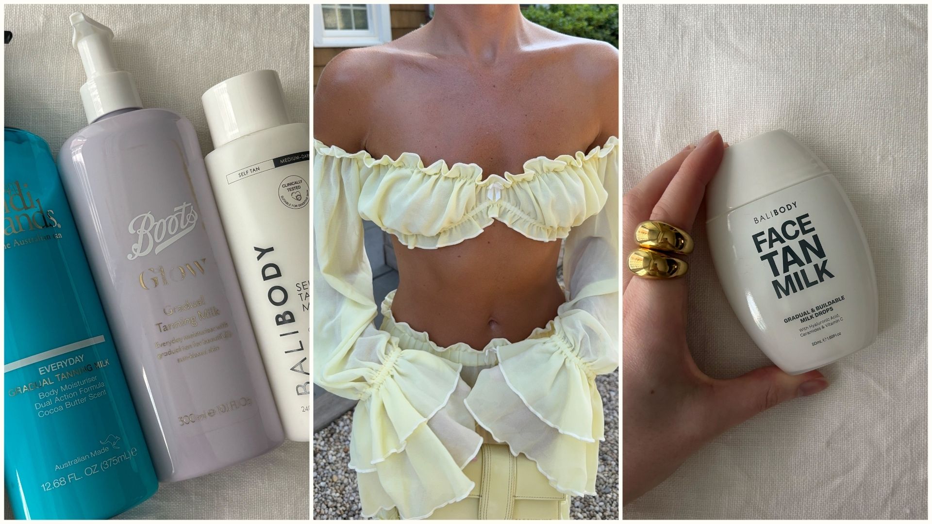 A collage of tanning milks and creator @emmaleger with a golden tan