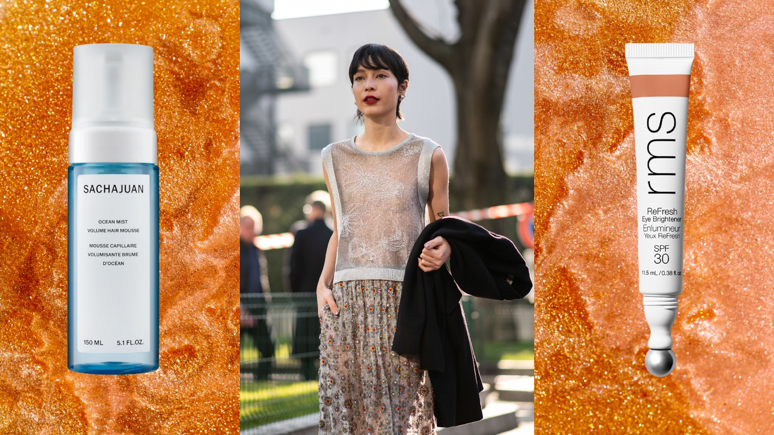 a gold background with a woman wearing red lipstick and a brunette pixie cut and silver dress next to two white bottles of mousse and under-eye concealer