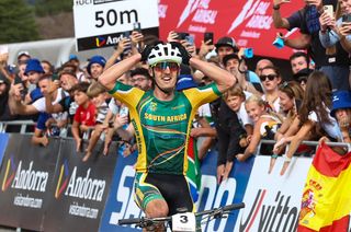 Picture by Javier MartÃ­nez/SWpix.com - 01/09/2024 - Cycling - 2024 UCI Mountain Bike World Championships - Pal Arinsal, Arinsal, Andorra - Men Elite Cross-country Olympic Final - Alan Hatherly (South Africa) wins Men Elite Cross-country Olympic Final