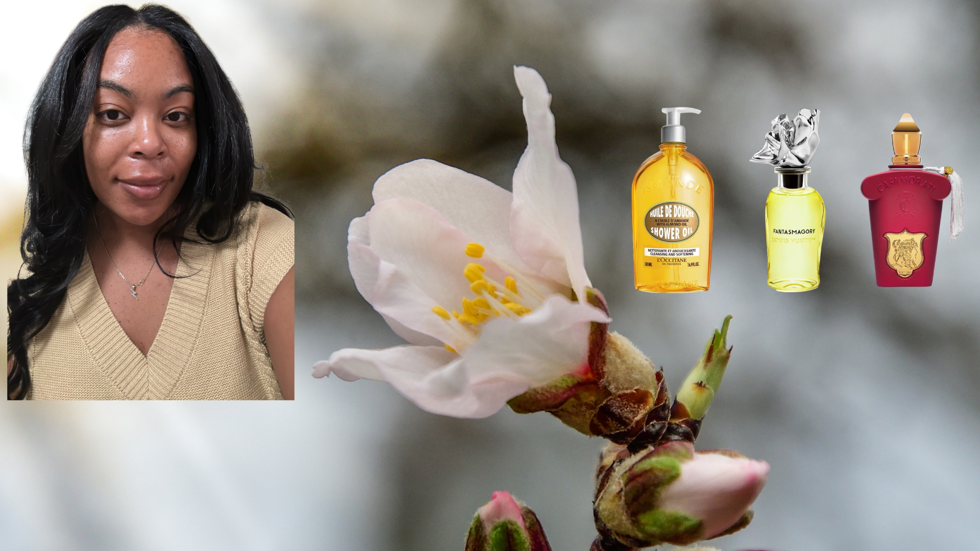 A picture of Ariel Baker next to an almond plant, with almond beauty products around the plant