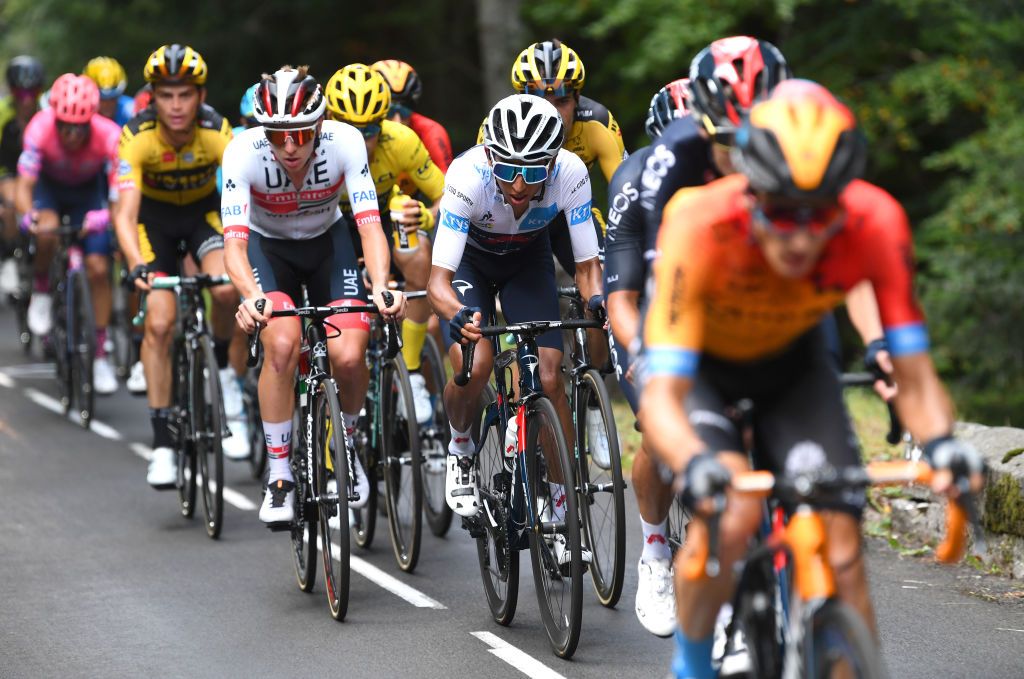CANTAL FRANCE SEPTEMBER 11 Egan Arley Bernal Gomez of Colombia and Team INEOS Grenadiers White Best Young Jersey Tadej Pogacar of Slovenia and UAE Team Emirates during the 107th Tour de France 2020 Stage 13 a 1915km stage from ChtelGuyon to Pas de PeyrolLe Puy Mary Cantal 1589m TDF2020 LeTour on September 11 2020 in Cantal France Photo by Tim de WaeleGetty Images