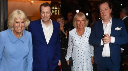 Queen Camilla wearing a white polka-dot dress standing next to her son Tom Parker Bowles and smiling on the right and a photo of Queen Camilla wearing a blue coat next to Tom Parker Bowles on the left 