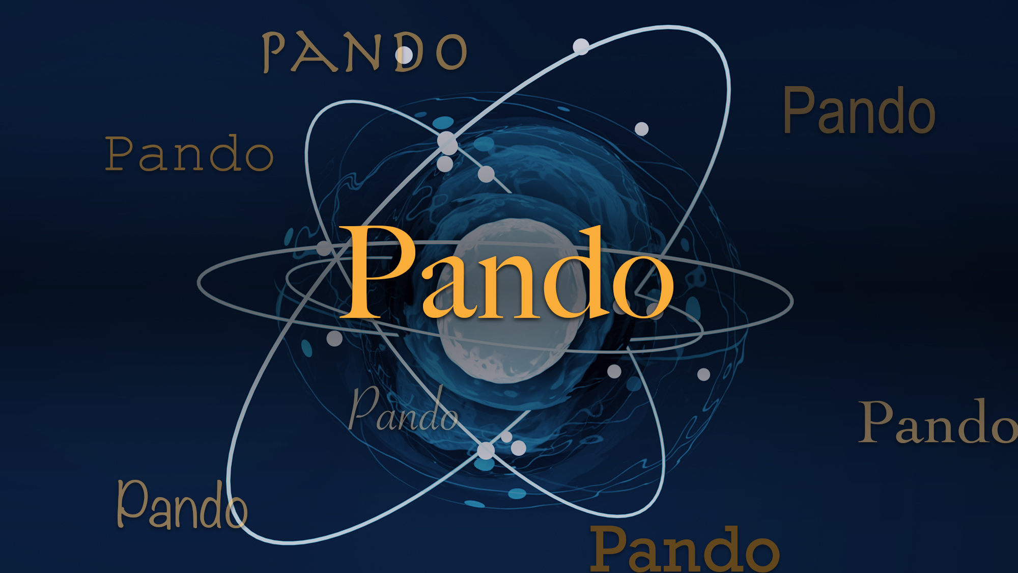 The word pando in yellow centered on a dark blue background with white oval features