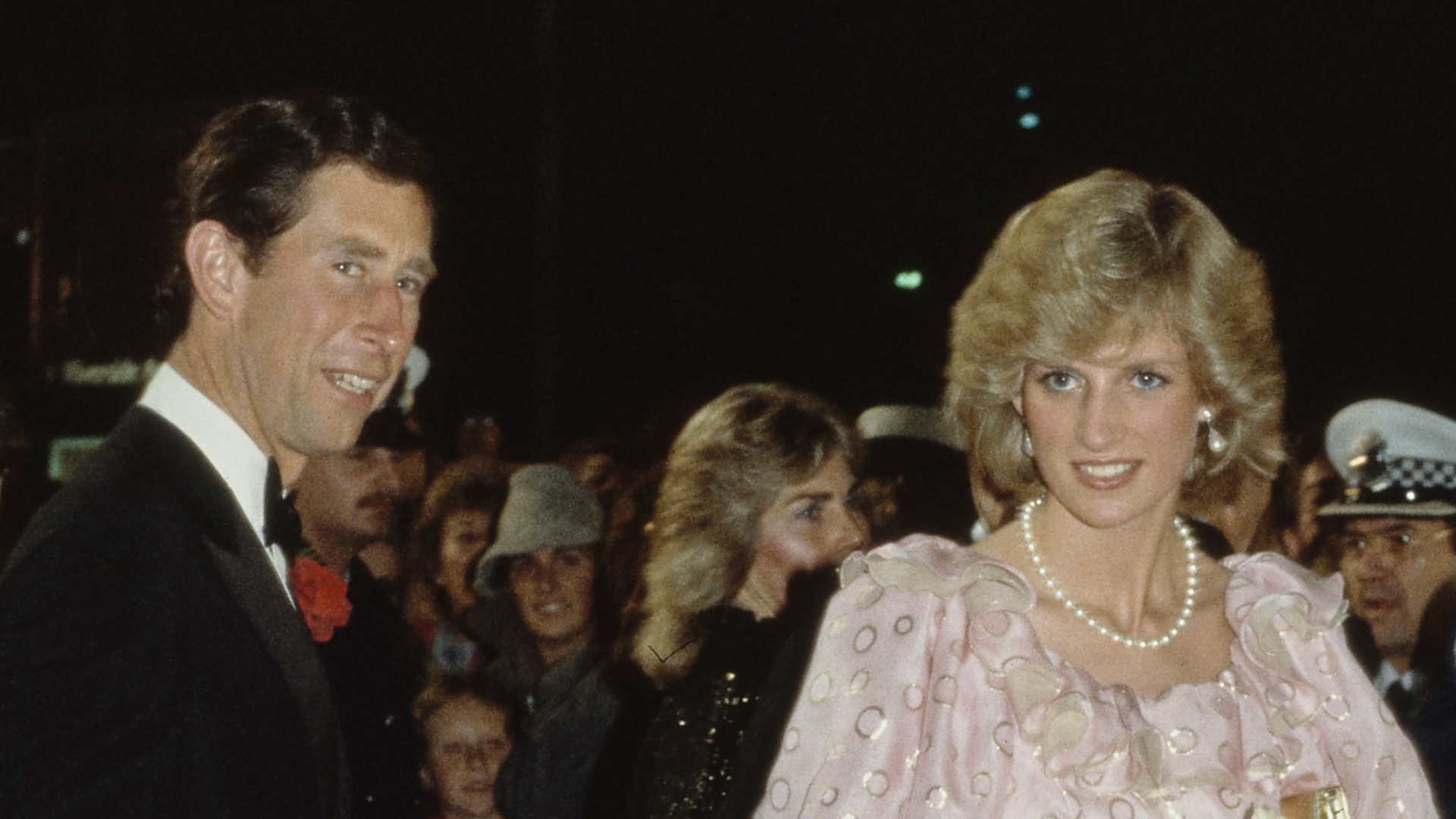 King Charles with Princess Diana dressed in a ball gown by Catherine Walker at the Gala Concert in Melbourne, Australia, on April 14, 1983