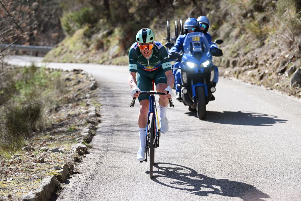 NICE FRANCE MARCH 16 Mads Pedersen of Denmark and Team LidlTrek Green Points Jersey competes in the breakaway during the 83rd Paris Nice 2025 Stage 8 a 119km stage from Nice to Nice UCIWT on March 16 2025 in Nice France Photo by Dario BelingheriGetty Images